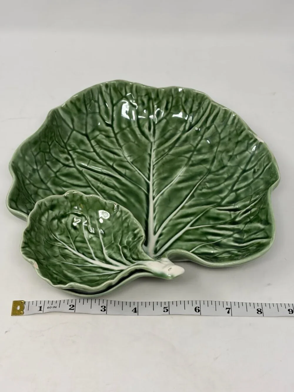 Bordallo Pinheiro cabbage leaf dish chips and dip Portugal green majolica